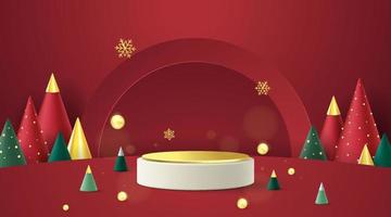 podium voor tonen Product weergave.winter Kerstmis decoratief Aan rood achtergrond met boom Kerstmis. 3d vector