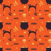 halloween naadloos patroon met schedel, zwart kat, spinnen en heks pot. eindeloos structuur Aan oranje achtergrond vector