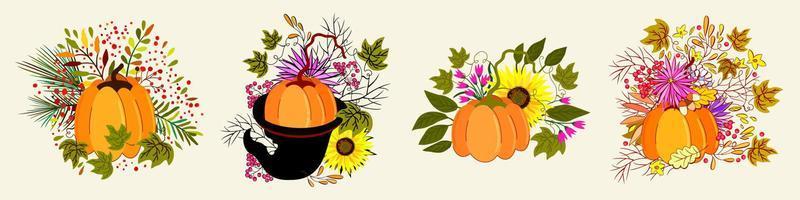 vector reeks van vier herfst boeketten met pompoen, bladeren, eikels, zonnebloemen, naaldboom en bessen.
