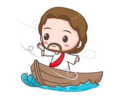 Jezus Christus beschermen schip van storm bliksem donder golven tekenfilm karakter. schattig mascotte illustratie. geïsoleerd wit achtergrond. bijbels verhaal religie en vertrouwen. vector