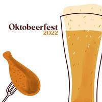 oktoberbierfeest 2022 illustratie met gestileerde bier mok en gegrild kip Aan een vork Aan wit achtergrond vector