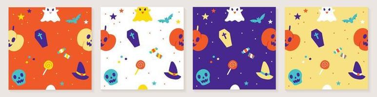 schattig gelukkig halloween tekenfilm naadloos patroon vector paars achtergrond geest, schedel, pompoen, jack O lantaarn, knuppel, zwart kat, spin web, kandelaar, lolly snoep, kist, heks hoed, boe, maan reeks