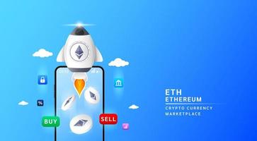 ethereum munt met ruimteschip vliegend vertrekken smartphone naar de lucht. app voor handel crypto valuta in voorraad markt. mobiel bank cryptogeld portemonnee. 3d vector illustratie.