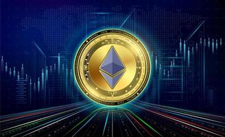 cryptocurrencies ethereum met groei grafiek. Internationale voorraad aandelenbeurs. blok keten elektronisch crypto valuta online technologie. munt goud Aan futuristische stad neon donker achtergrond. 3d vector. vector