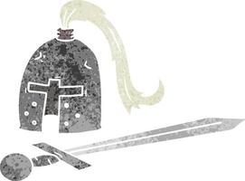 retro tekenfilm tekening van een middeleeuws helm en zwaard vector