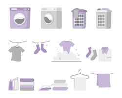 reeks van wasserij pictogrammen, kleren, het wassen machine, droger, ijzer, kleren hanger en wasserij mand illustratie vector