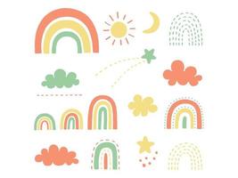 doodles regenboog reeks illustrator, schattig cliparts van regenboog, wolken, sterren, zon en halve maan maan vector