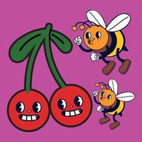 tekenfilm retro bijen en fruit vector