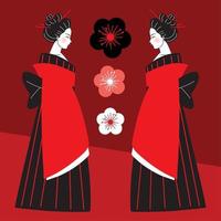 geisha's in elegant kimono vector