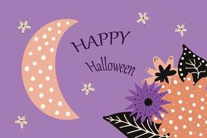 gelukkig halloween feestelijk achtergrond met abstract plant, bloem, ster en maan. schattig hand- getrokken kinderachtig vector illustratie voor ontwerp kaart, afdrukken, partij uitnodiging, banier