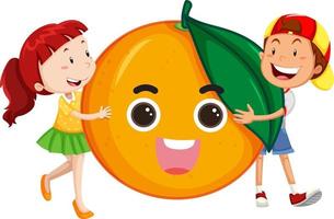 twee kinderen knuffelen een oranje samen vector