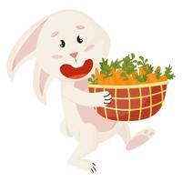 konijn karakter. zittend en lachend grappig, gelukkig Pasen tekenfilm konijn gaat met wortels mand vector