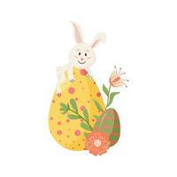 konijntje karakter. zittend op ei, lachend grappig, vrolijk Pasen cartoon konijn met eieren, bloemen, bloem vector