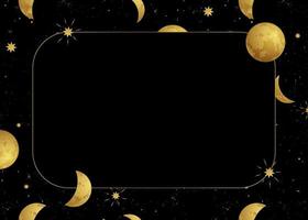 gouden ruimte backdrop met sterren en maan fasen Aan een zwart achtergrond met kader voor tarot, astrologie, behang, geval voor telefoon. magie kosmisch lucht, abstract esoterisch ornament. vector illustratie.