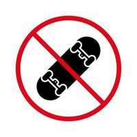 vleet bord verboden. skateboard verbod zwart silhouet icoon. Nee toegestaan het schaatsen teken. verboden schaatser uitrusting dek wiel pictogram. skateboarden hou op symbool. geïsoleerd vector illustratie.