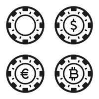 gokken poker wedden spaander reeks icoon. geluk dollar euro bitcion glyph pictogram. casino poker geld valuta zwart silhouet teken. fortuin spel het gokken inzet vlak symbool. geïsoleerd vector illustratie.