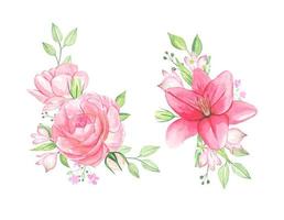 aquarel bloemen, boeketten van roze bloemen, geïsoleerd vector