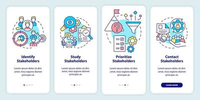 stappen van belanghebbende relaties onboarding mobiel app scherm. walkthrough 4 stappen grafisch instructies Pagina's met lineair concepten. ui, ux, gui sjabloon. vector