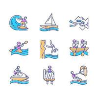 watersport kleur pictogrammen set. grot duiken, surfen, flyboarden en het zeilen. klif duiken, kajakken en het windsurfen. extreem soorten van sport. zomer strand activiteiten. geïsoleerd vector illustraties