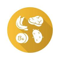 vitamine b6 geel vlak ontwerp lang schaduw glyph icoon. vlees, banaan en aardappel. gezond aan het eten. pyridoxine natuurlijk voedsel bron. gepast voeding. mineralen, antioxidanten. vector silhouet illustratie