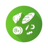 vitamine b9 groen vlak ontwerp lang schaduw glyph icoon. brood, lever en pasta. vlees en meel producten. gezond aan het eten. foliumzuur zuur voedsel bron. mineralen, antioxidanten. vector silhouet illustratie