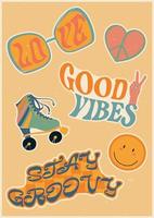 reeks van stickers in retro stijl met belettering. inscripties, rol skates en zonnebril. psychedelisch behang. kleurrijk vector kunst ontwerp. jaren 60, jaren 70, hippies. ansichtkaart set, poster ontwerp.