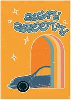 poster in retro stijl met een blauw auto het rijden uit van een regenboog boog. blijven hip. wijnoogst retro stijl. kleurrijk vector kunst ontwerp. jaren 60, jaren 70, hippies. reeks van ansichtkaart, poster ontwerp.