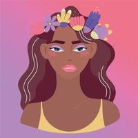 mooi afro Amerikaans vrouw met bloem krans Aan roze paars achtergrond. avatar voor sociaal netwerk. mode illustratie geïsoleerd Aan achtergrond. vector