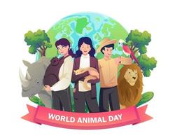 mensen staan en genieten dieren en hun huisdieren Aan wereld dier dag, de dieren in het wild dag concept. vector illustratie in vlak stijl