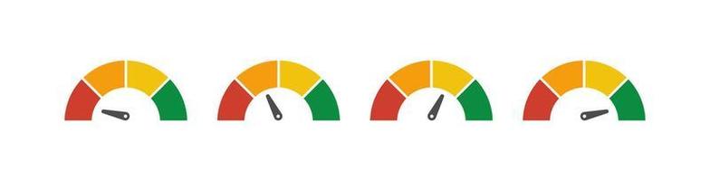 reeks van vector snelheidsmeter meter met pijl voor dashboard met groente, geel, rood indicatoren. peilen van toerenteller. laag, medium, hoog en risico niveaus. bitcoin angst en hebzucht inhoudsopgave cryptogeld