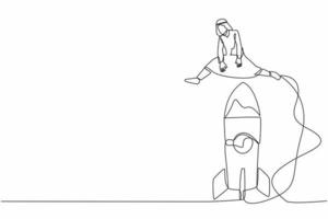 single een lijn tekening Arabisch zakenman jumping over- groot raket. beginnend nieuw bedrijf project concept. lancering vernieuwend afzet idee. doorlopend lijn trek ontwerp grafisch vector illustratie