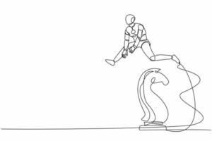doorlopend een lijn tekening robot jumping over- schaak paard ridder. hersenen intelligentie- sport, tactisch beweging idee. toekomst robot cybernetisch ontwikkeling. single lijn trek ontwerp vector illustratie