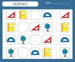 sudoku-spel voor kinderen met kleurrijke benodigdheden. activiteitenblad voor kinderen. vector