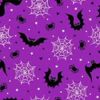 vleermuizen in nacht lucht naadloos vector patroon. halloween symbolen - vampiers, spin web, insecten. eng silhouetten geïsoleerd Aan Purper achtergrond. illustratie voor vakantie behang, textiel, omhulsel