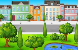 groen stadsgezicht met gebouwen en bomen vector