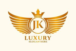 luxe Koninklijk vleugel brief jk kam goud kleur logo vector, zege logo, kam logo, vleugel logo, vector logo sjabloon.