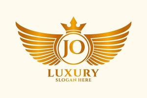 luxe Koninklijk vleugel brief jo kam goud kleur logo vector, zege logo, kam logo, vleugel logo, vector logo sjabloon.