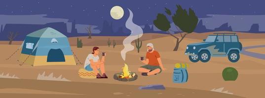 nacht woestijn kamp met toeristen drinken thee in de buurt kampvuur vlak vector panorama landschap. paar Mens en vrouw op reis in woestijn door uit weg auto.