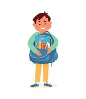 vector schattig glimlachen jongen Holding school- zak met benodigdheden eerste grader voorbereidingen treffen naar school.vector illustratie.