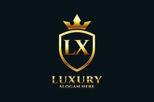 eerste lx elegant luxe monogram logo of insigne sjabloon met scrollt en Koninklijk kroon - perfect voor luxueus branding projecten vector