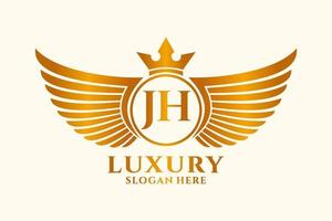 luxe Koninklijk vleugel brief jh kam goud kleur logo vector, zege logo, kam logo, vleugel logo, vector logo sjabloon.