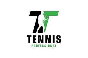 letter t met tennisspeler silhouet logo ontwerp. vectorontwerpsjabloonelementen voor sportteam of huisstijl. vector