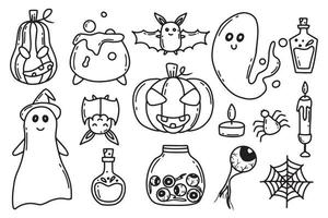 halloween set. tekening stijl. vector illustratie. vreselijk verzameling voor halloween. geest, pompoen, toverdrank, pot met ogen.