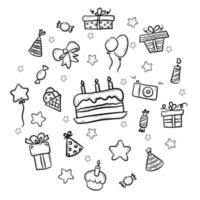 hand- getrokken verjaardag partij doodles set. viering ontwerp elementen - geschenken, partij hoeden, taart, snoepgoed, ballonnen. vlak vector illustratie voor groet kaart, poster, stickers.