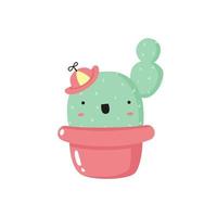 schattig tekenfilm cactus met kawaii gezicht. hand- getrokken huis plant, cactus karakter voor kinderen ontwerp. vlak vector illustratie.