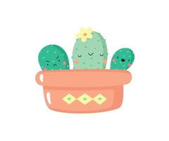schattig tekenfilm cactus met kawaii gezicht. hand- getrokken huis plant, cactus karakter voor kinderen ontwerp. vlak vector illustratie.