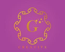 creatief ontwerp logo, alfabet g, 5 ster brief, label, icoon, voor verpakking, luxe Product ontwerp. gemaakt met goud Aan een licht Purper getextureerde achtergrond. vector