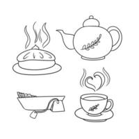 monochroom reeks van herfst pictogrammen, heerlijk taart met fruit vulling, heet geurig thee, vector illustratie in tekenfilm stijl Aan een wit achtergrond