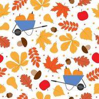 herfst naadloos patroon met vallend bladeren, pompoenen Aan kruiwagen, paddestoelen, appels en peren. vector