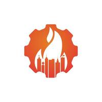 brand stad vector logo ontwerp sjabloon. gebouwen en brand met tand wiel icoon ontwerp.